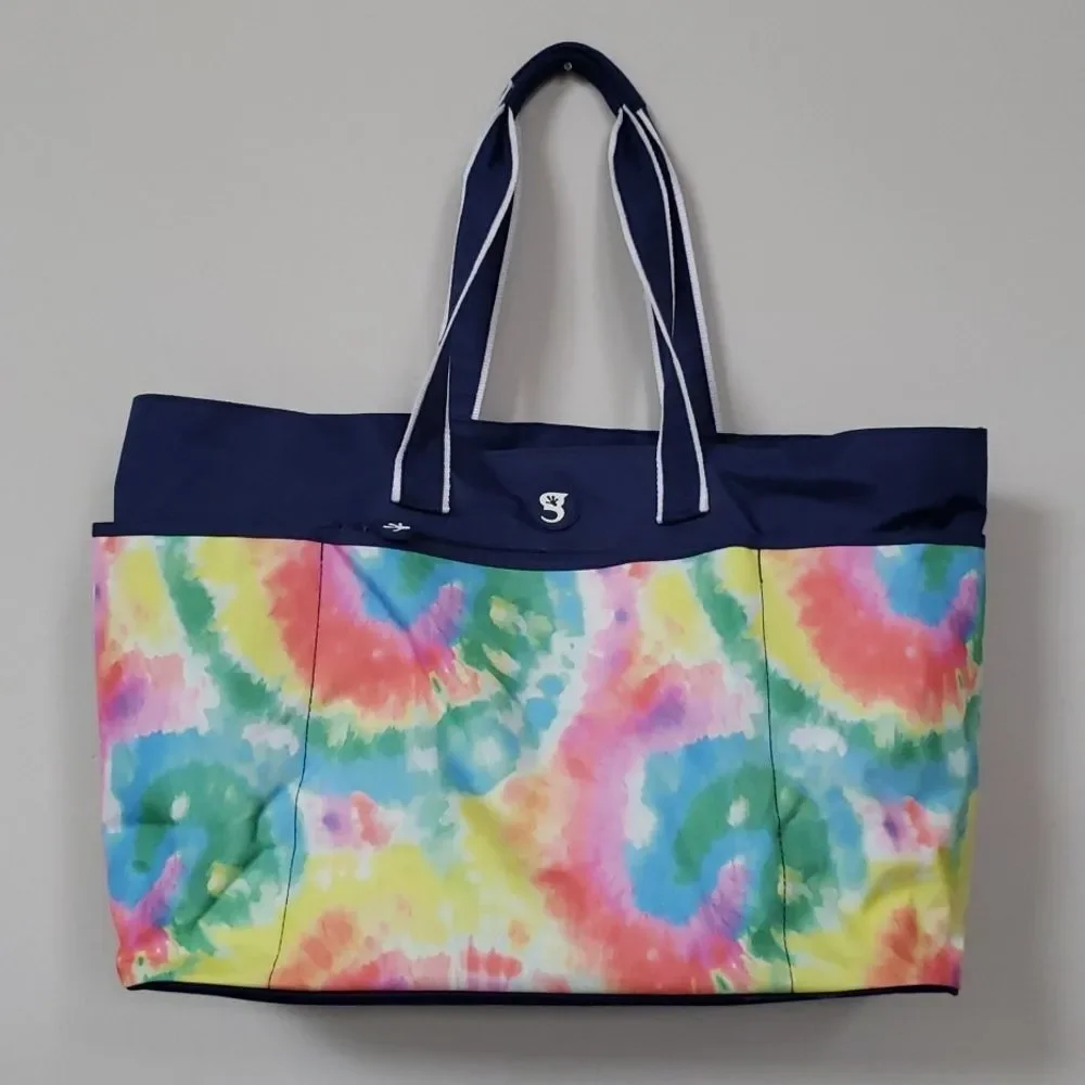 Gecko brands Tote Beach Bag Rainbow Tie Dye Navy Blue White Trim Oversized